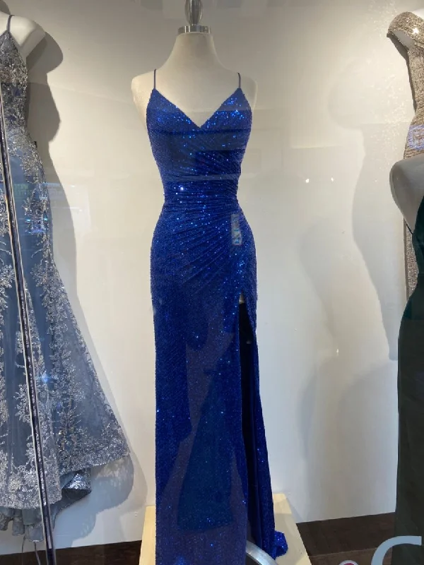Special Promotion wrap-around dressSheath V Neck Royal Blue Sequins Evening Dress Y4476