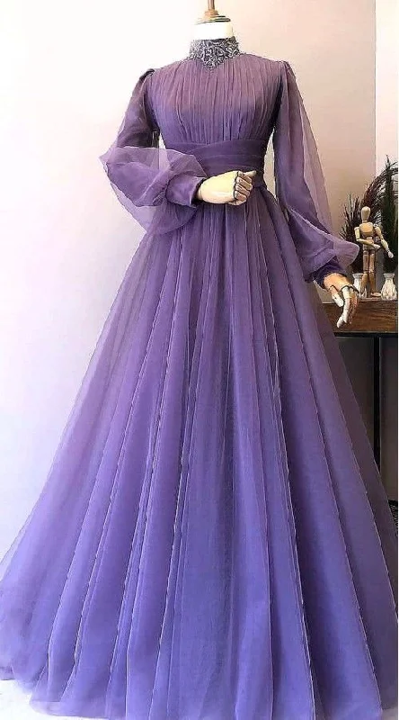 Bonus Savings casual day dressHigh Neck Vintage Prom Dresses Long Sleeve Muslim Beaded Lace Tulle Elegant Purple Prom Gown Y5845