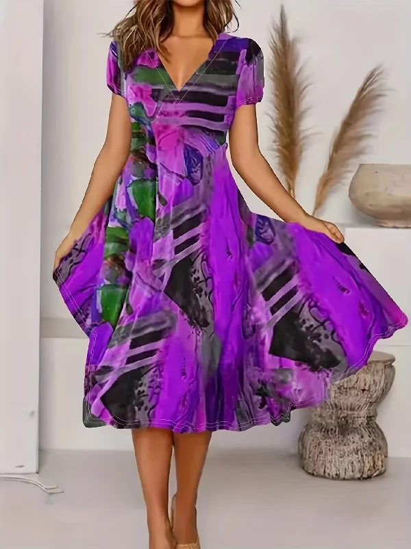 Loyalty Reward Short Sleeve V Neck Dress, Bohemian Casual Dress