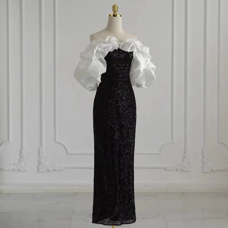 Clearance Sale casual shift dressGothic Black And White Evening Dress With Ruffles Formal Dress Y4383