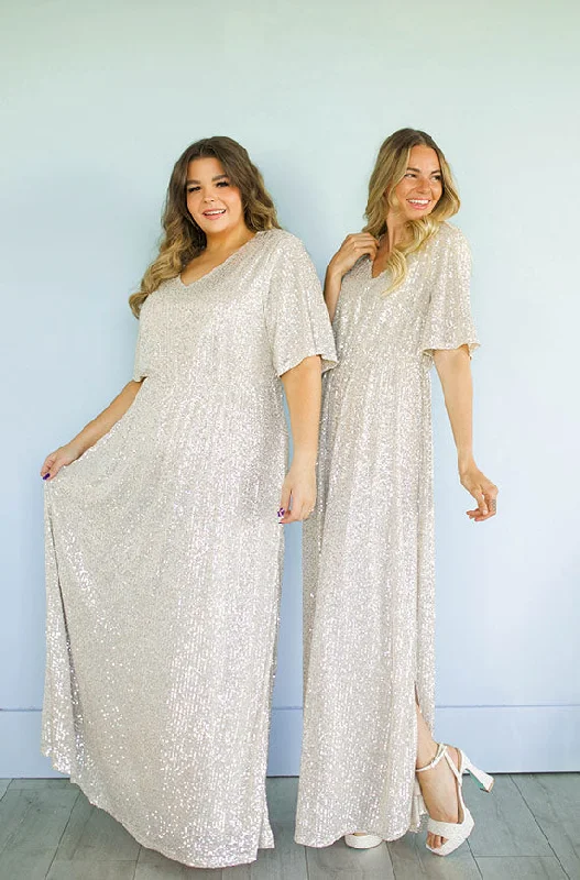 Huge Savings Daphne Champagne Sequin Gown - DM Exclusive - Maternity Friendly - Restocked Huge Savings Daphne Champagne Sequin Gown - DM Exclusive - Maternity Friendly - Restocked