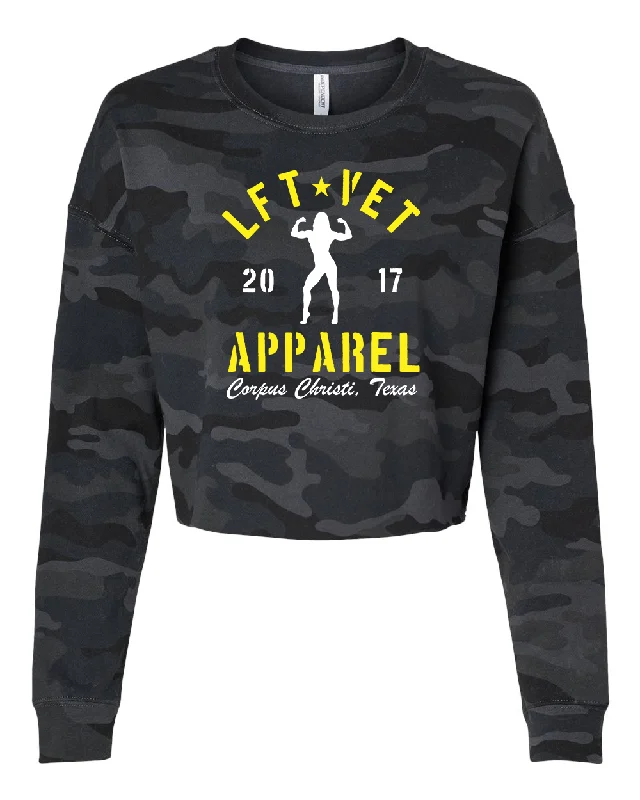 Limited Availability casual hoodie with logoWomen's Rep Cropped Crew Pullover-Yellow/White Print Limited Availability casual hoodie with logoWomen's Rep Cropped Crew Pullover-Yellow/White Print