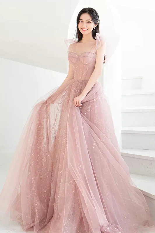 Special Savings Pink Tulle Long Prom Dress, Beautiful A-Line Evening Dress