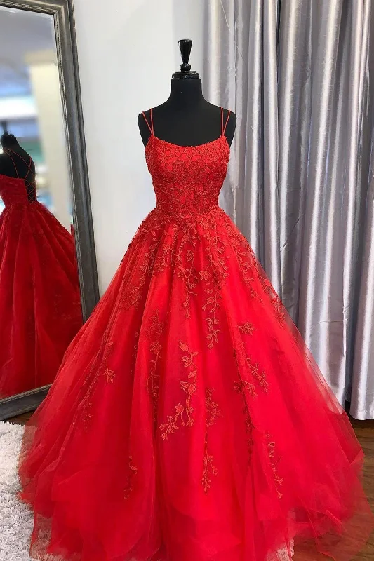 Deal Explosion Dark Red Spaghetti Strap Tulle Lace Long Prom Dress, A-Line Backless Evening Dress