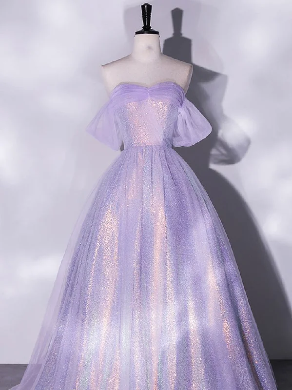 Markdowns bohemian dressPurple A-Line Tulle Sequin Long Prom Dress, Purple Sequin Long Formal Dress Y5863