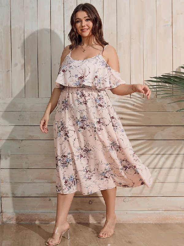 BerriesJam - Floral Print Cold Shoulder Ruffle Trim High Waist Dress