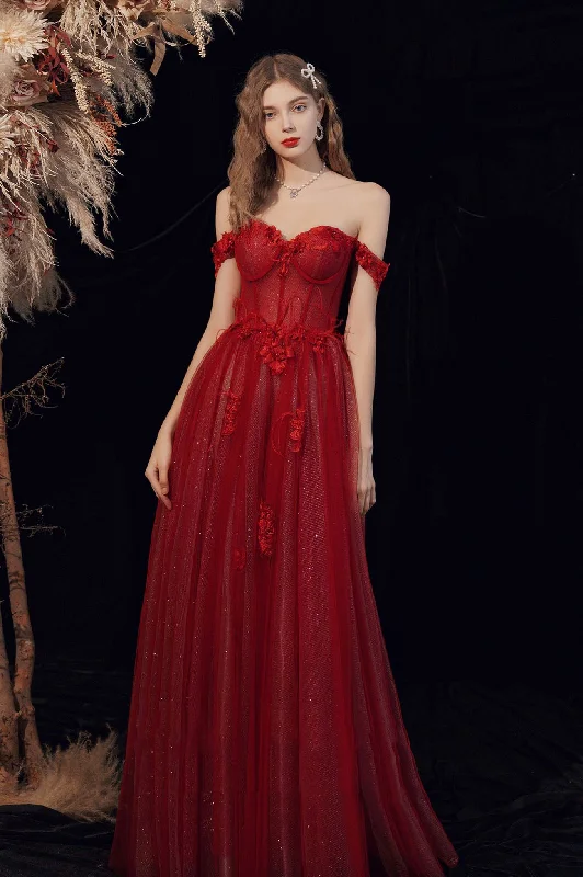 Overstock Sale Burgundy Off the Shoulder Lace Floor Length Prom Dress with Corset
