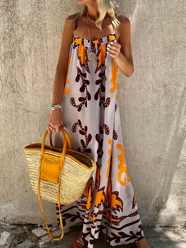 Super Bargain Ethnic Pattern Print Cami Dress, Vacation Tie Backless Sleeveless Dress