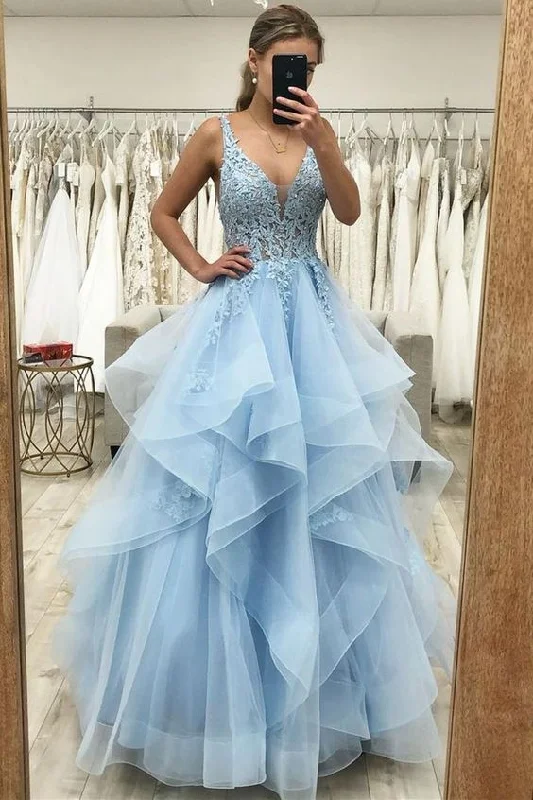 Bargain Blast stylish dressPrincess Blue A-line Ruffles Long Prom Dress Y5624