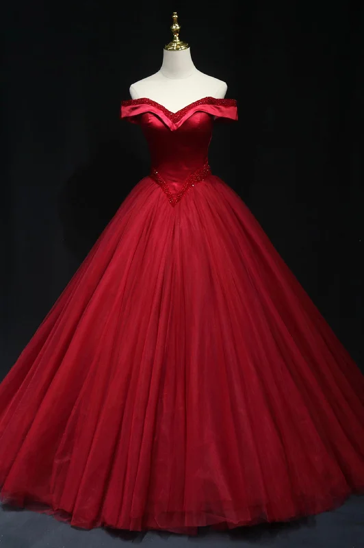 Anniversary Sale Burgundy Tulle Beaded Long Ball Gown, Off the Shoulder Evening Party Gown