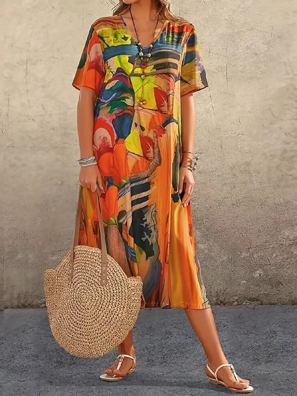 Price Buster Floral Print V-neck Loose Dress, Vintage Short Sleeve Dress