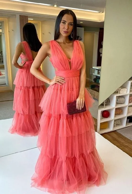 Tulle V Neck Long Prom Dress Backless Rustic Evening Dress Y5448