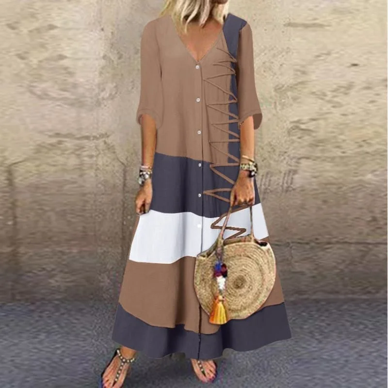 Final Clearance Casual Retro Print Short Sleeve Loose Maxi Dress