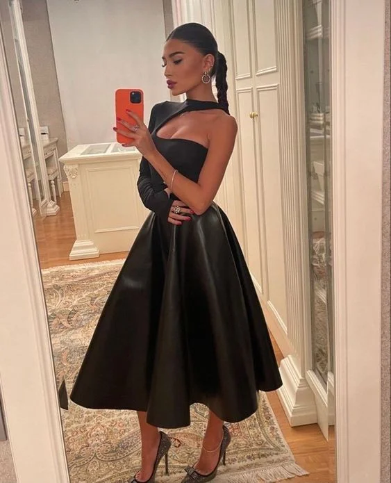Price Fest sleeveless dressBlack A-line Tea-length Prom Dress  Y5800