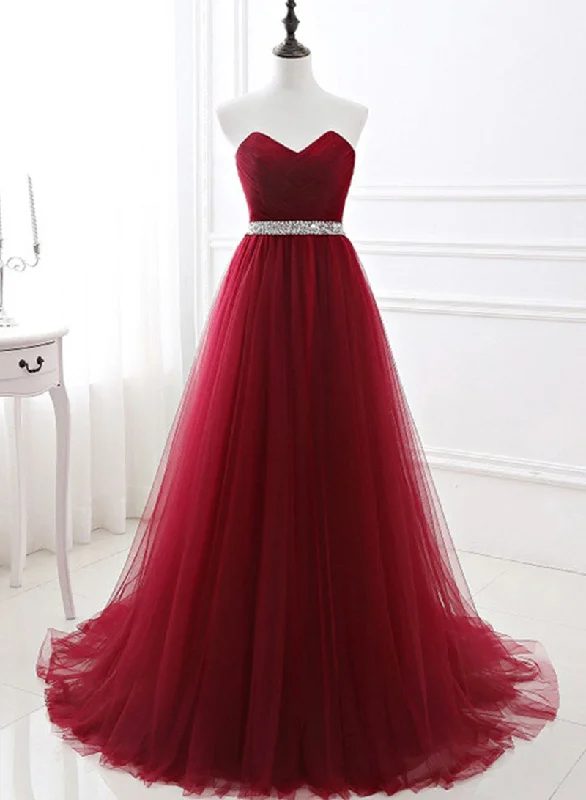 Lowest Price Burgundy Strapless Tulle Beaded Long Prom Dress