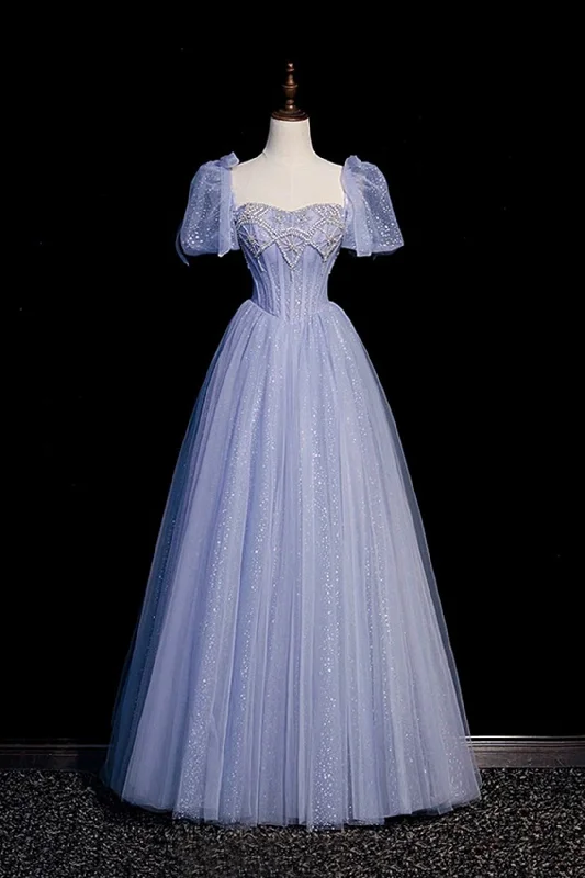 Deal of the Week Blue Tulle Beaded Floor Length A-Line Prom Dress