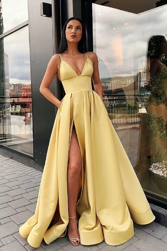 Closeout Simple V-neck Satin Long Prom Dress, A-Line Spaghetti Strap Evening with Slit