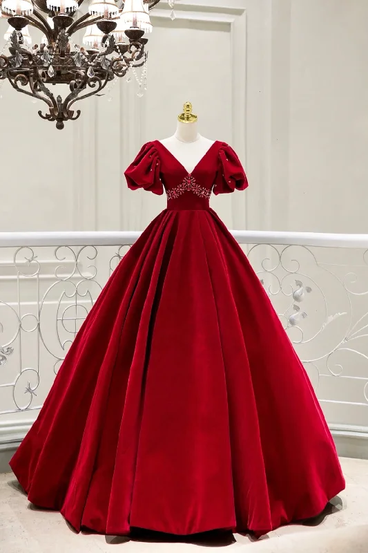 Shop and Save Burgundy V-Neck Velvet Long Prom Gown with Beaded