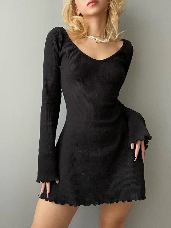 Best Deals chic wrap dressBerriesJam - Casual Frill Long Sleeve Black Mini Dress