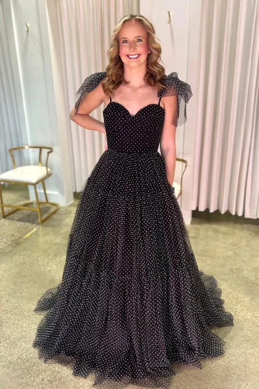 Deal Zone Straps Black A-Line Swiss Dot Tulle Prom Dress with Bow Tie