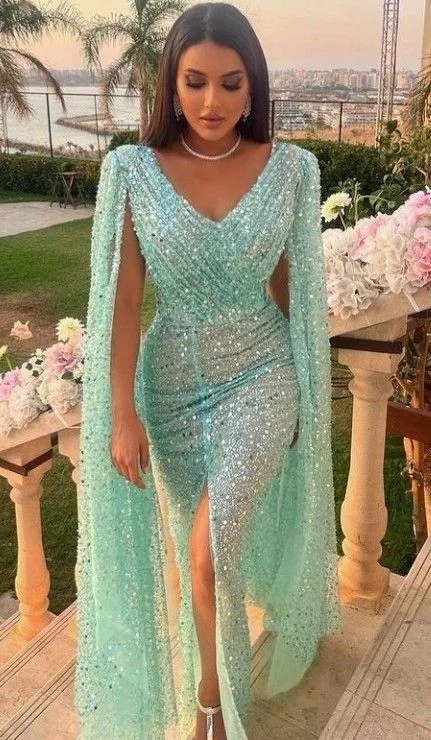 Glitter Sequin Evening Dress Mermaid Party Dress with Cape Sexy High Slit A-Line Elegant Luxury Dresses Y4882