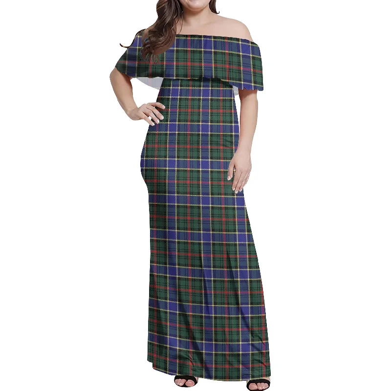 Discount Extravaganza Ogilvie (Ogilvy) Hunting Modern Tartan Off Shoulder Long Dress