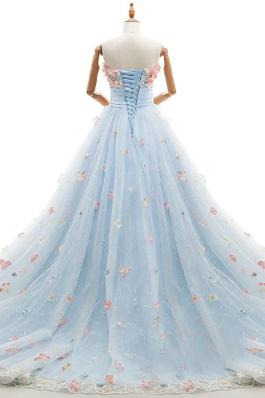 Discount Days Charming Light Blue Tulle Sweetheart Ball Gown Court Train Wedding Dresses