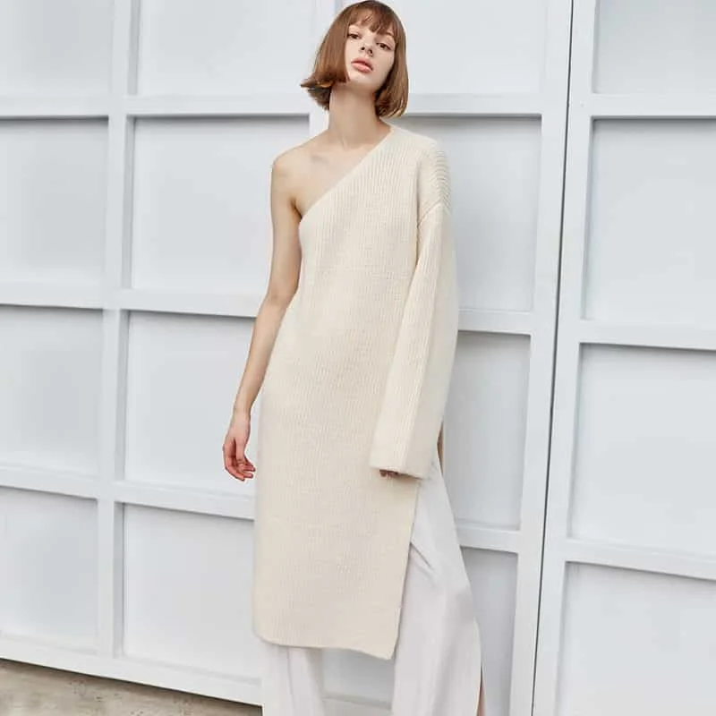 Price Rollback lace-up dressLong Sleeve Knitted One Shoulder Sweater Dress