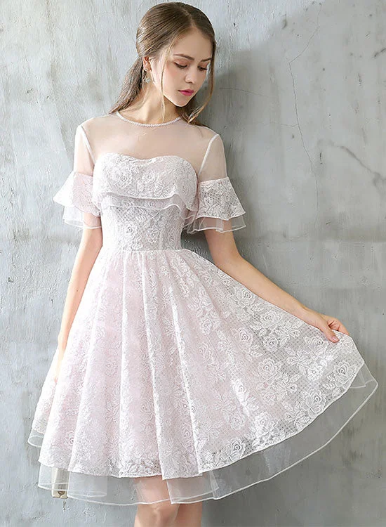 Best Seller Cute Lace Knee Length Prom Dress, Light Pink Short Party Dress