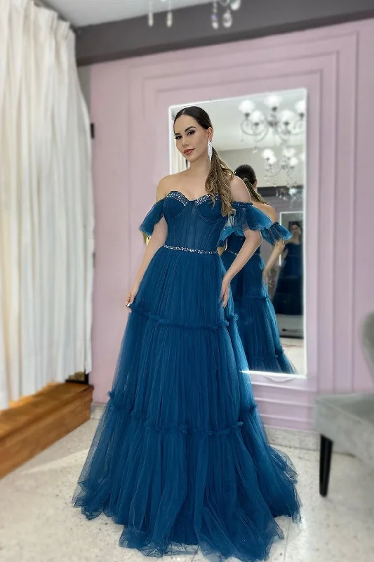 Price Drop Blue Tulle Beaded Long Prom Dress, Blue Strapless A-Line Sweetheart Evening Dress