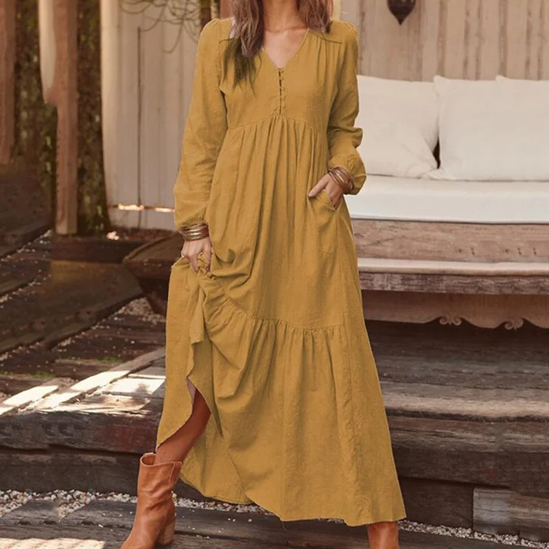 BerriesJam - 2024 Vintage Solid Color Long Sleeve V-neck A-Line Dress