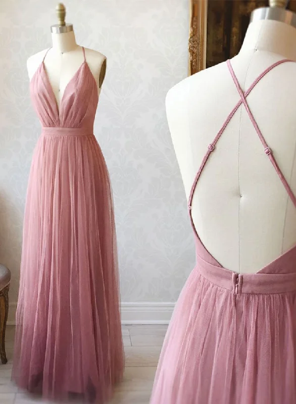 Last Chance Pink V-Neck Tulle Long Prom Dress, Simple A-Line Backless Evening Party Dress Last Chance Pink V-Neck Tulle Long Prom Dress, Simple A-Line Backless Evening Party Dress
