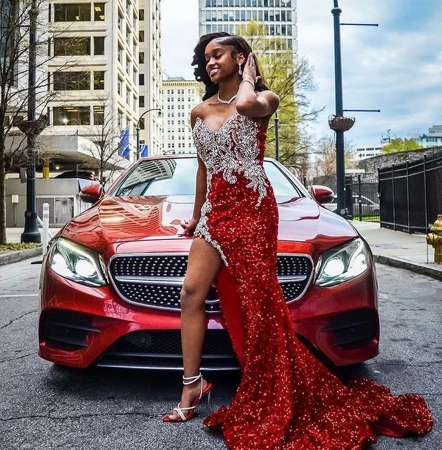 Red African Aso Ebi Evening Dresses Mermaid V-neck Sequined Beaded Slit Formal Party Gown Prom Dresses For Black Girls