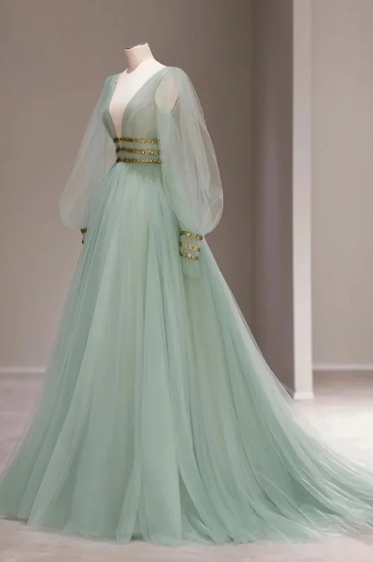 Deal Zone Green V-Neck Tulle Long Prom Dress, A-Line Long Sleeve Evening Dress