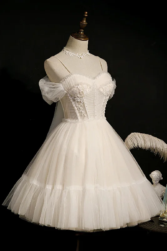 Huge Savings Champagne Spaghetti Strap Tulle Short Homecoming Dresses