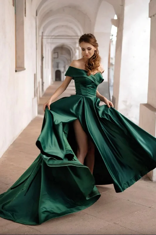 Inventory Reduction Green Satin Long Prom Dress, Off the Shoulder Evening Dress with Slit Inventory Reduction Green Satin Long Prom Dress, Off the Shoulder Evening Dress with Slit