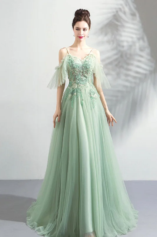 Exclusive Online Offer Green Spaghetti Strap Tulle Lace Long Prom Dress