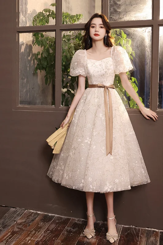 Midnight Madness White Tulle Short Prom Dress, A-Line Short Sleeve Evening Dress