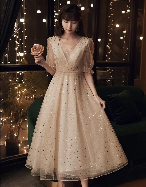 Act Fast oversized dressV-neck Party Dress,short Sleeve Prom Dress,shiny Graduation Dress Y5799