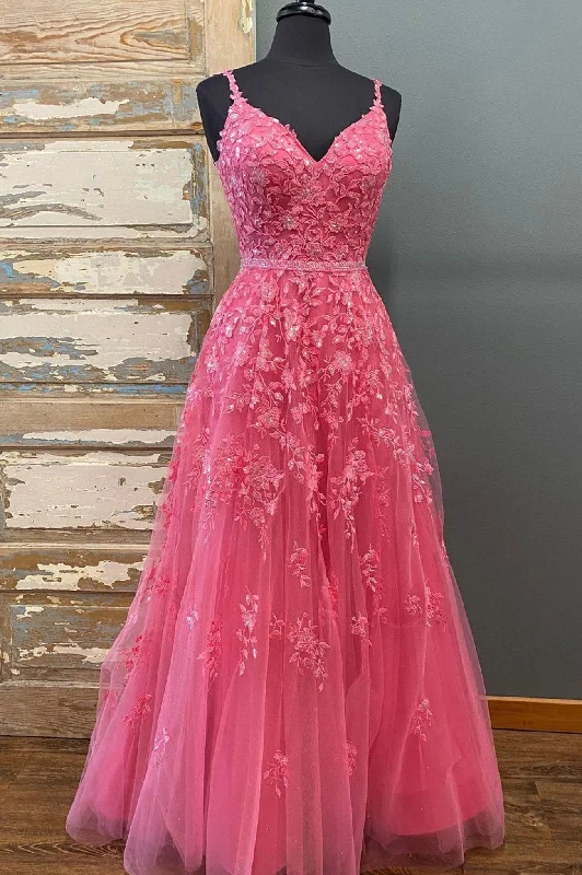 Today’s Deal Pink Spaghetti Strap Lace Floor Length Prom Dress