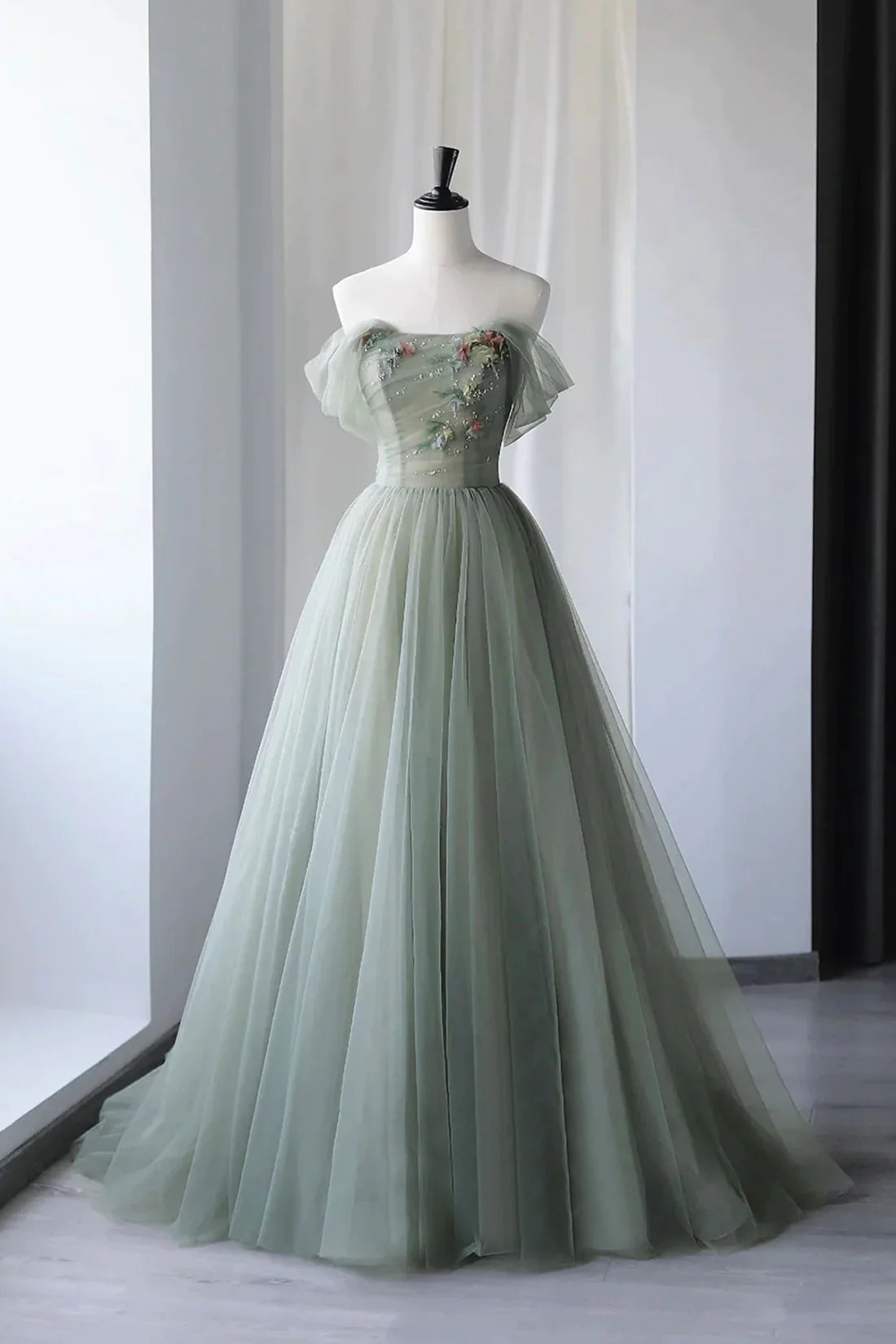 Special Buy Gray Green Tulle Long Prom Dress, Off Shoulder A-Line Evening Party Dress