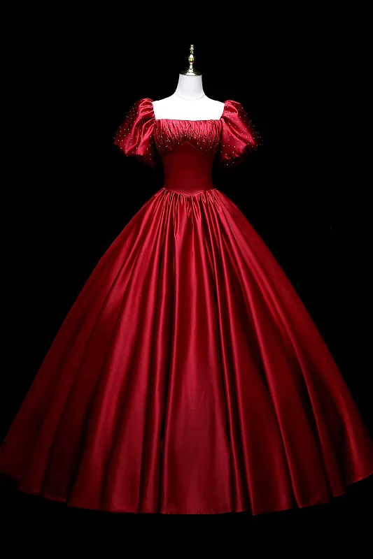Weekend Deal Burgundy Satin Long A-Line Formal Dress, Beautiful Short Sleeve Evening Party Gown