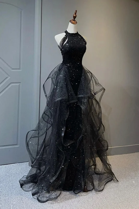 Final Markdown Black Shiny Tulle Long Party Dress with Beaded, Black Evening Dress Party Dress