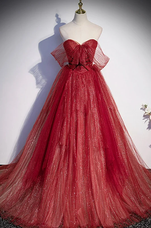 Savings Event Burgundy Strapless Tulle Long Prom Dress, Burgundy Sweetheart Neck Formal Dress