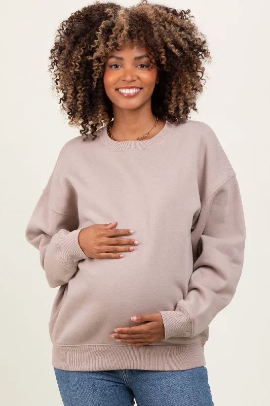 Beige Basic Fleece Crewneck Maternity Sweatshirt