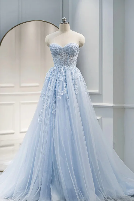 New Markdowns Blue Strapless Tulle Lace Long A-line Prom Dress