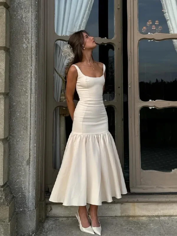 Today’s Special tiered dressWomen Elegant Square Neck Solid Midi Dress Fashion Sleeveless Backless Slim Pleated Hem Dresses Summer Lady Party Evening Robe