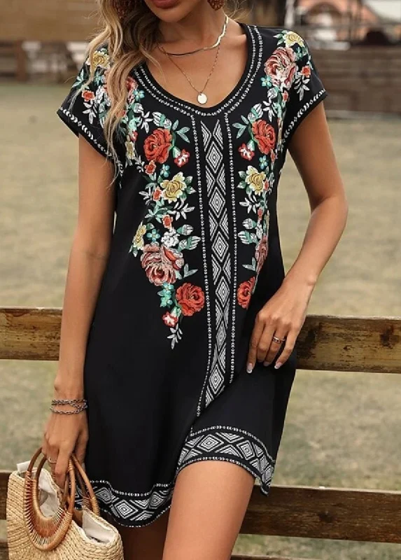 Special Discount Short Sleeve Print Flora Retro Loose O Neck Mini Dress