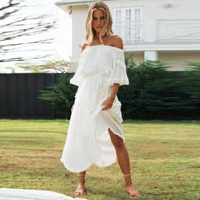 Unmissable Offer bohemian dressFreedom White Off shoulder Midi Dress for Women