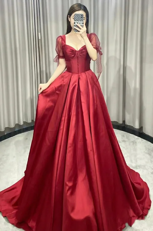 Epic Deals Burgundy Satin Long Prom Dress, A-Line Short Sleeve Evening Dress